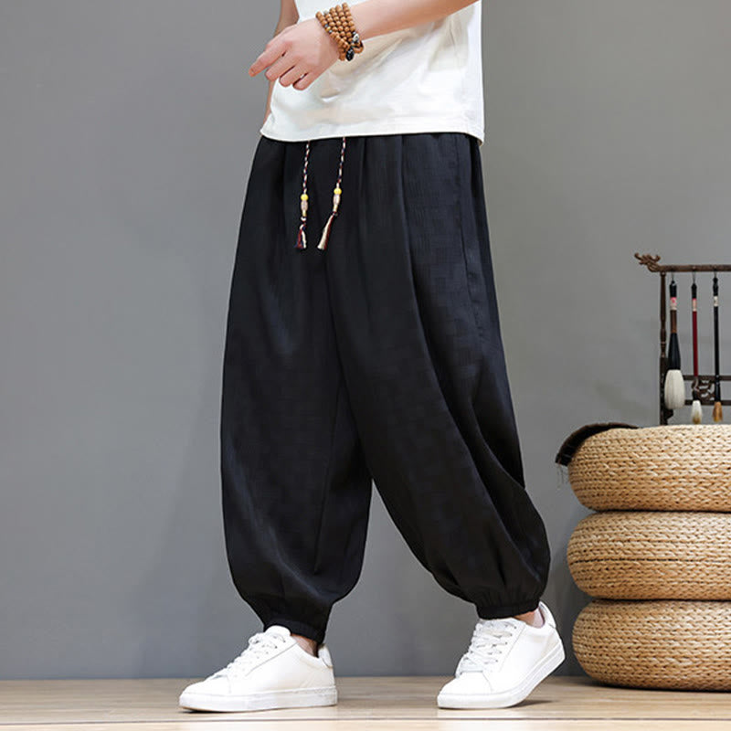 Buddha Stones Summer Casual Drawstring Solid Woven Rattan Texture Pattern Ankle Pants Men's Harem Pants With Pocket