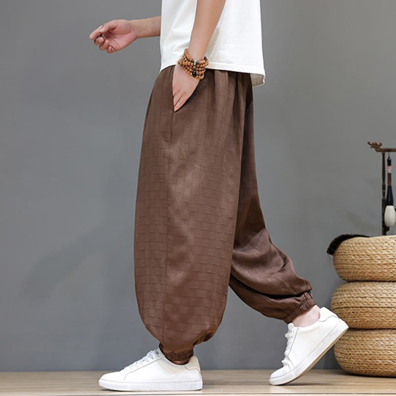 Buddha Stones Summer Casual Drawstring Solid Woven Rattan Texture Pattern Ankle Pants Men's Harem Pants With Pocket