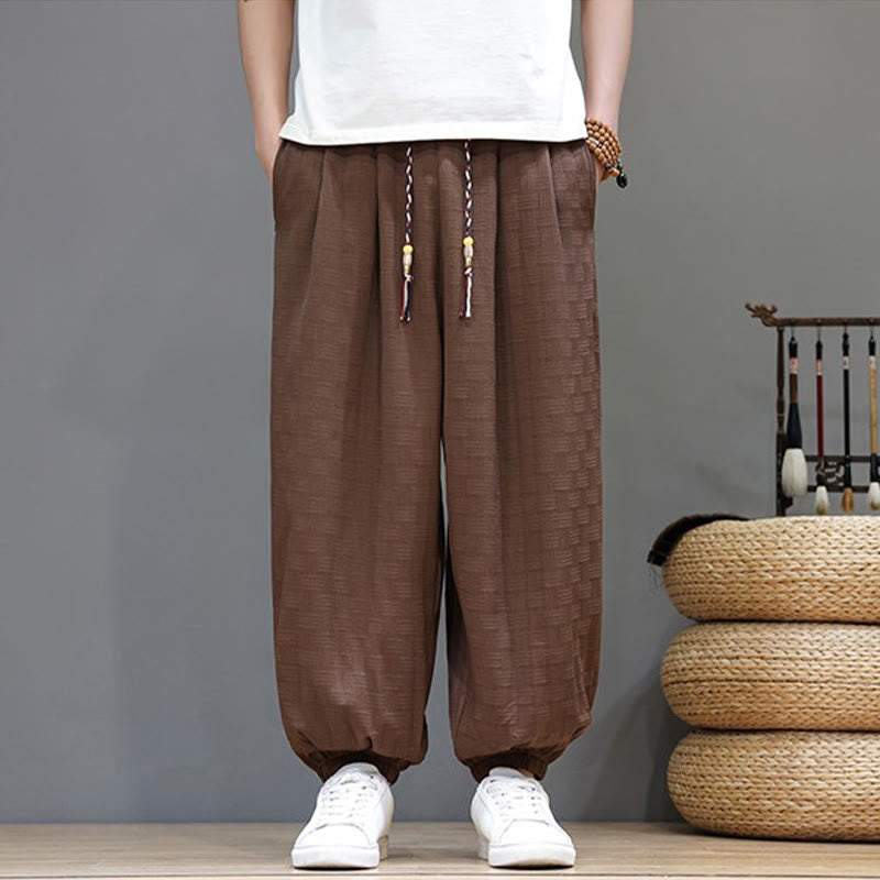 Buddha Stones Summer Casual Drawstring Solid Woven Rattan Texture Pattern Ankle Pants Men's Harem Pants With Pocket