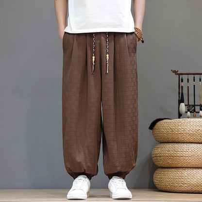 Buddha Stones Summer Casual Drawstring Solid Woven Rattan Texture Pattern Ankle Pants Men's Harem Pants With Pocket