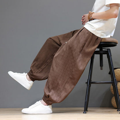 Buddha Stones Summer Casual Drawstring Solid Woven Rattan Texture Pattern Ankle Pants Men's Harem Pants With Pocket