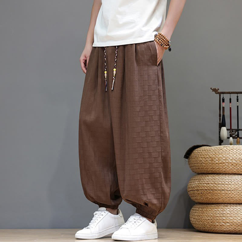 Buddha Stones Summer Casual Drawstring Solid Woven Rattan Texture Pattern Ankle Pants Men's Harem Pants With Pocket