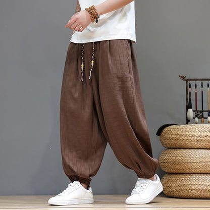 Buddha Stones Summer Casual Drawstring Solid Woven Rattan Texture Pattern Ankle Pants Men's Harem Pants With Pocket