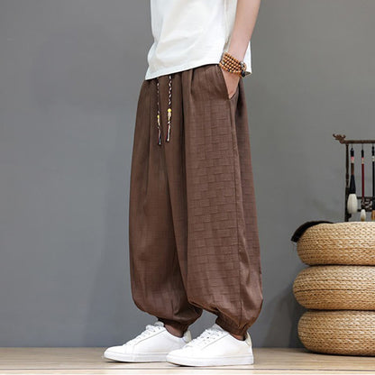Buddha Stones Summer Casual Drawstring Solid Woven Rattan Texture Pattern Ankle Pants Men's Harem Pants With Pocket