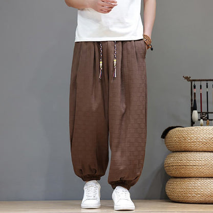 Buddha Stones Summer Casual Drawstring Solid Woven Rattan Texture Pattern Ankle Pants Men's Harem Pants With Pocket