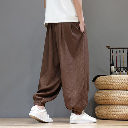 Buddha Stones Summer Casual Drawstring Solid Woven Rattan Texture Pattern Ankle Pants Men's Harem Pants With Pocket