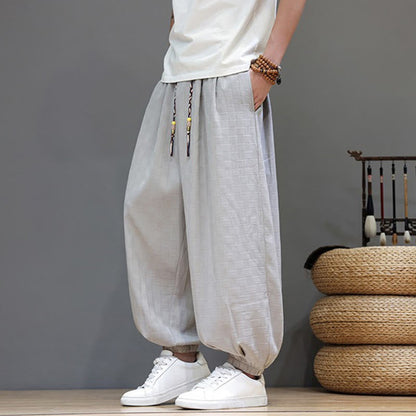 Buddha Stones Summer Casual Drawstring Solid Woven Rattan Texture Pattern Ankle Pants Men's Harem Pants With Pocket