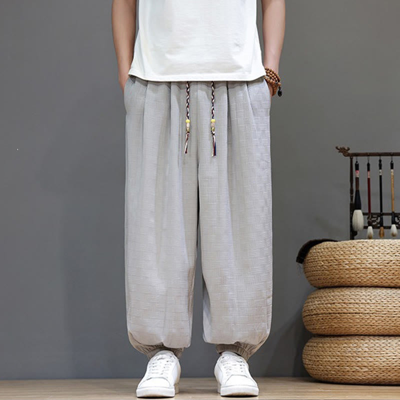 Buddha Stones Summer Casual Drawstring Solid Woven Rattan Texture Pattern Ankle Pants Men's Harem Pants With Pocket