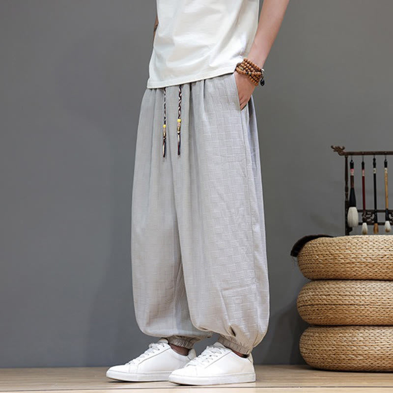 Buddha Stones Summer Casual Drawstring Solid Woven Rattan Texture Pattern Ankle Pants Men's Harem Pants With Pocket