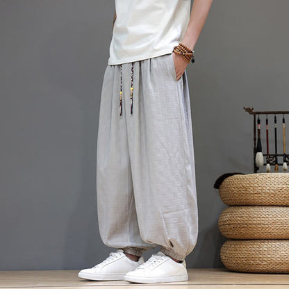 Buddha Stones Summer Casual Drawstring Solid Woven Rattan Texture Pattern Ankle Pants Men's Harem Pants With Pocket