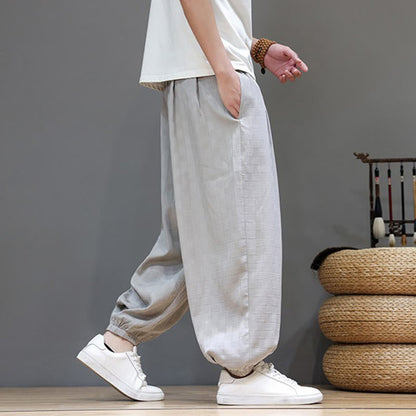 Buddha Stones Summer Casual Drawstring Solid Woven Rattan Texture Pattern Ankle Pants Men's Harem Pants With Pocket