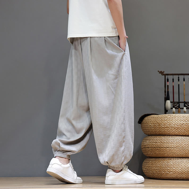 Buddha Stones Summer Casual Drawstring Solid Woven Rattan Texture Pattern Ankle Pants Men's Harem Pants With Pocket