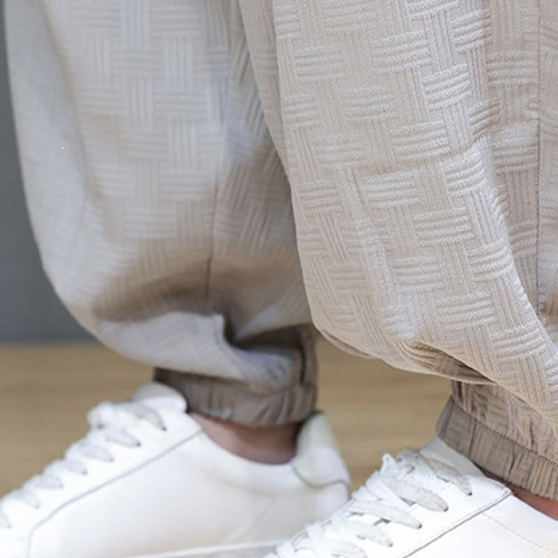 Buddha Stones Summer Casual Drawstring Solid Woven Rattan Texture Pattern Ankle Pants Men's Harem Pants With Pocket