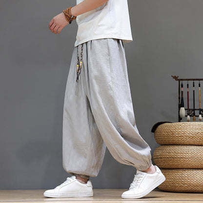 Buddha Stones Summer Casual Drawstring Solid Woven Rattan Texture Pattern Ankle Pants Men's Harem Pants With Pocket