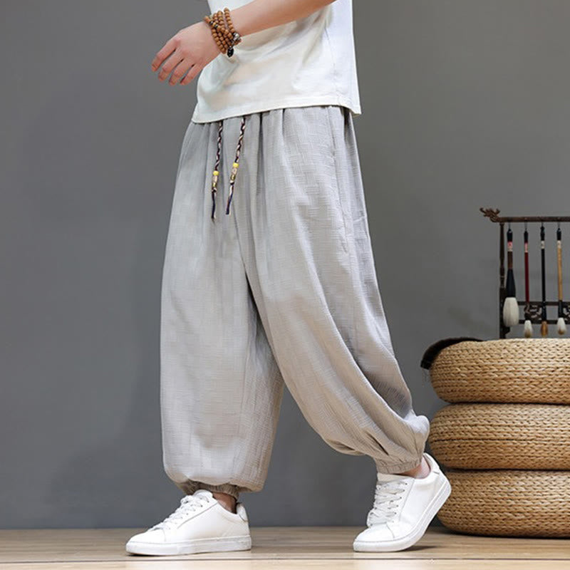 Buddha Stones Summer Casual Drawstring Solid Woven Rattan Texture Pattern Ankle Pants Men's Harem Pants With Pocket