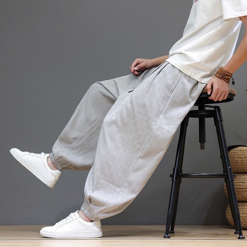 Buddha Stones Summer Casual Drawstring Solid Woven Rattan Texture Pattern Ankle Pants Men's Harem Pants With Pocket