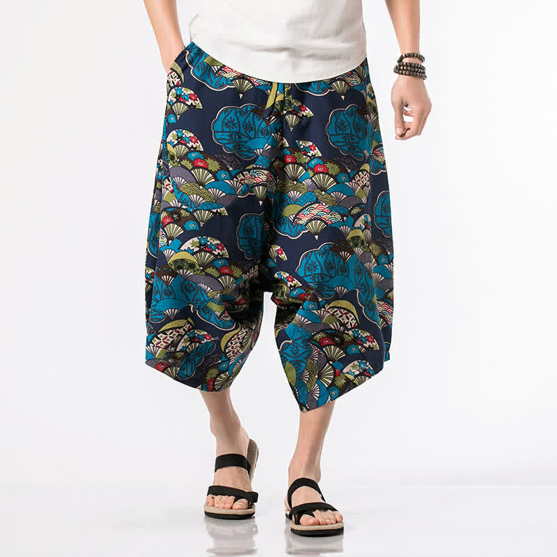 Buddha Stones Summer Boho Casual Drawstring Floral Cotton Linen Capri Pants Men's Harem Pants With Pocket