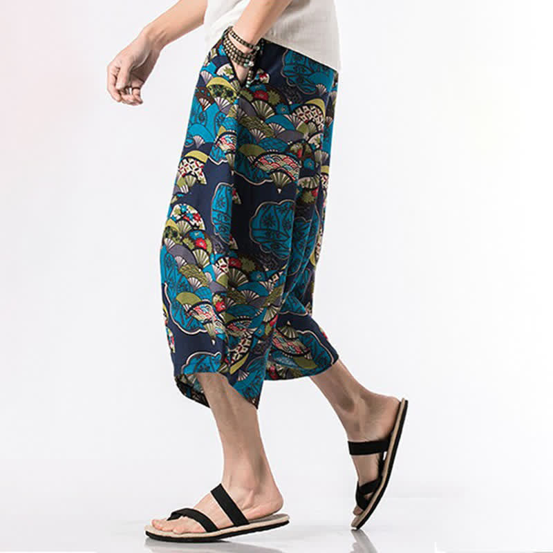 Buddha Stones Summer Boho Casual Drawstring Floral Cotton Linen Capri Pants Men's Harem Pants With Pocket