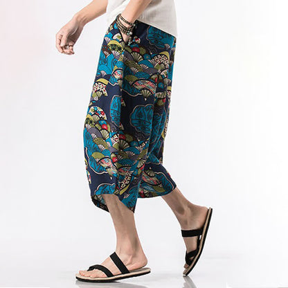 Buddha Stones Summer Boho Casual Drawstring Floral Cotton Linen Capri Pants Men's Harem Pants With Pocket