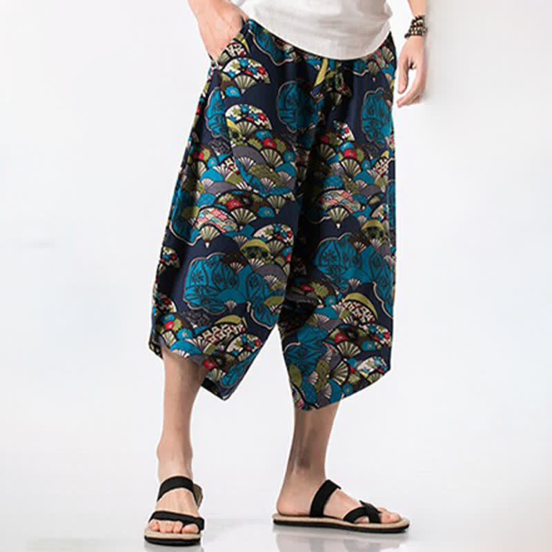 Buddha Stones Summer Boho Casual Drawstring Floral Cotton Linen Capri Pants Men's Harem Pants With Pocket