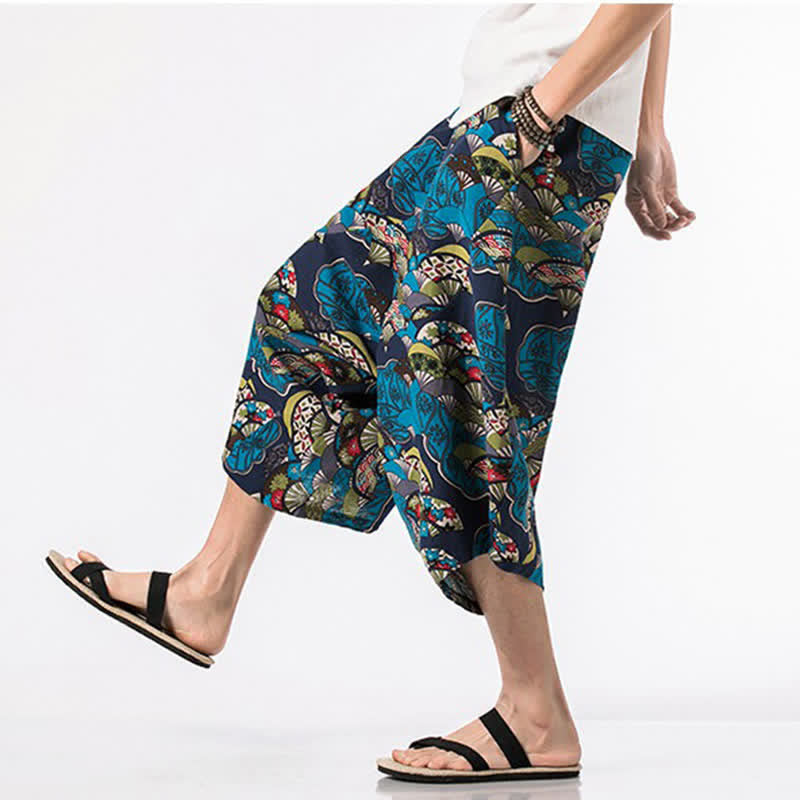 Buddha Stones Summer Boho Casual Drawstring Floral Cotton Linen Capri Pants Men's Harem Pants With Pocket