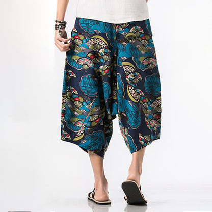 Buddha Stones Summer Boho Casual Drawstring Floral Cotton Linen Capri Pants Men's Harem Pants With Pocket