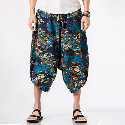 Buddha Stones Summer Boho Casual Drawstring Floral Cotton Linen Capri Pants Men's Harem Pants With Pocket