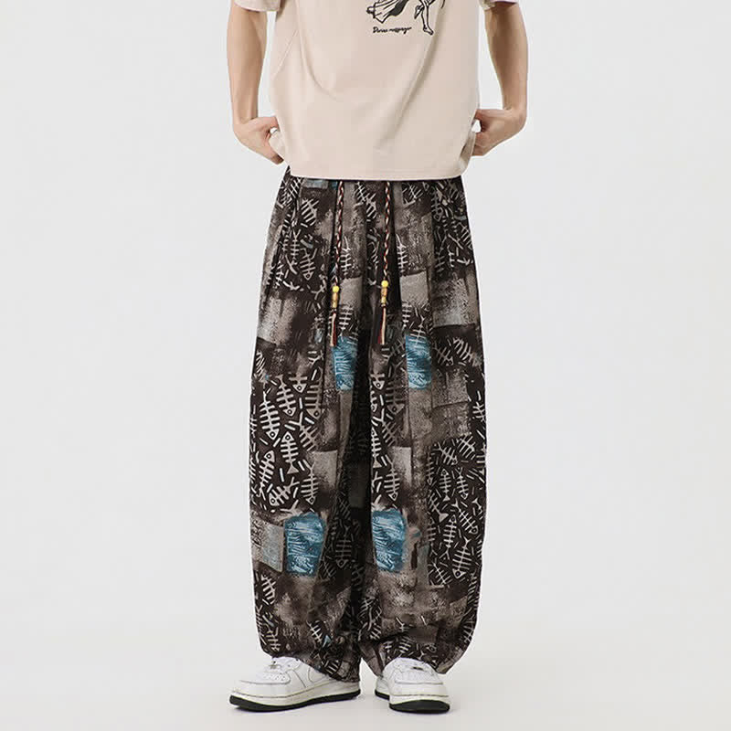 Buddha Stones Spring Summer Boho Casual Drawstring Abstract Long Pants Men's Harem Pants With Pocket