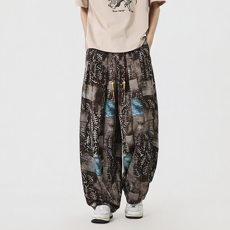 Buddha Stones Spring Summer Boho Casual Drawstring Abstract Long Pants Men's Harem Pants With Pocket