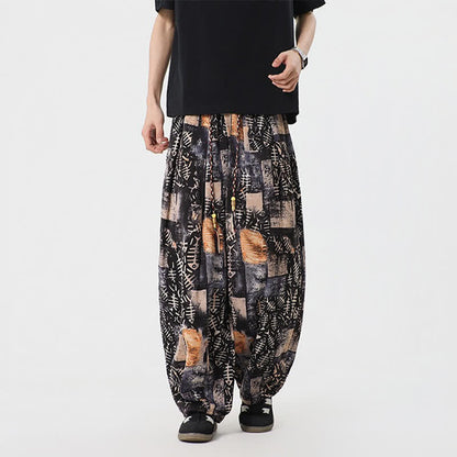 Buddha Stones Spring Summer Boho Casual Drawstring Abstract Long Pants Men's Harem Pants With Pocket