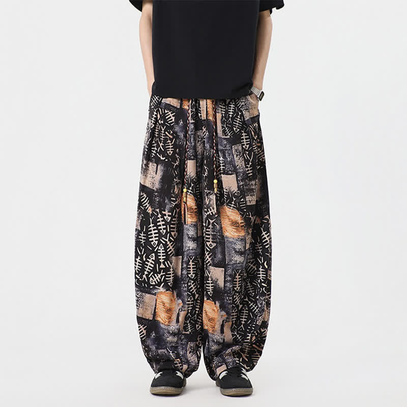 Buddha Stones Spring Summer Boho Casual Drawstring Abstract Long Pants Men's Harem Pants With Pocket