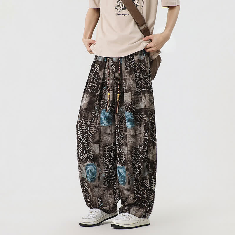 Buddha Stones Spring Summer Boho Casual Drawstring Abstract Long Pants Men's Harem Pants With Pocket