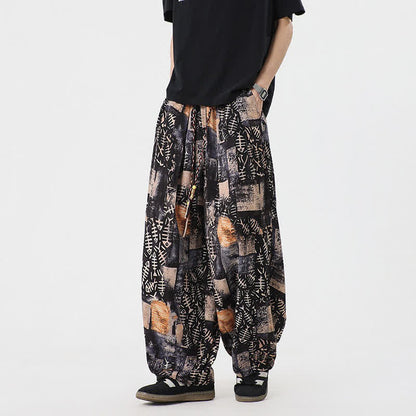 Buddha Stones Spring Summer Boho Casual Drawstring Abstract Long Pants Men's Harem Pants With Pocket