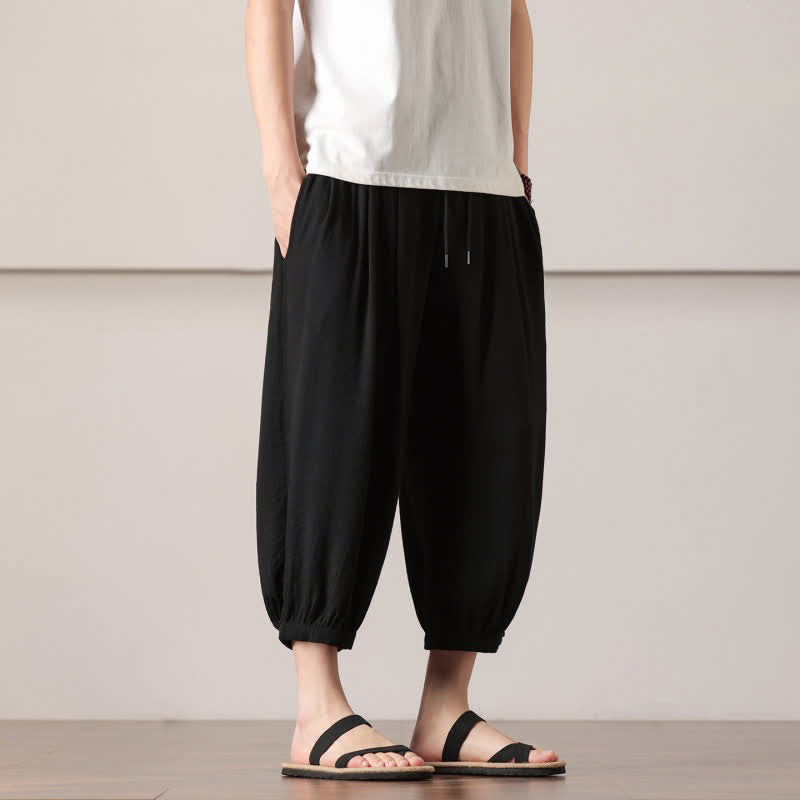 Buddha Stones Summer Casual Minimalist Drawstring Solid Capri Pants Men's Harem Pants With Pocket