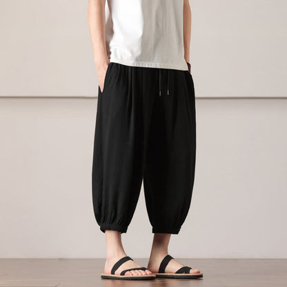 Buddha Stones Summer Casual Minimalist Drawstring Solid Capri Pants Men's Harem Pants With Pocket