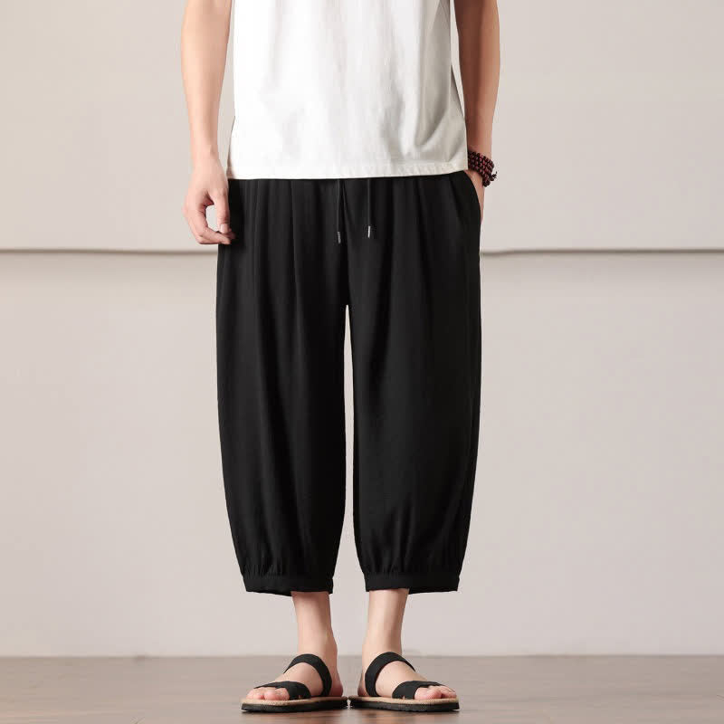 Buddha Stones Summer Casual Minimalist Drawstring Solid Capri Pants Men's Harem Pants With Pocket
