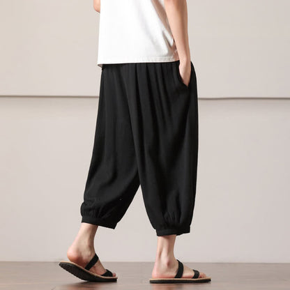 Buddha Stones Summer Casual Minimalist Drawstring Solid Capri Pants Men's Harem Pants With Pocket