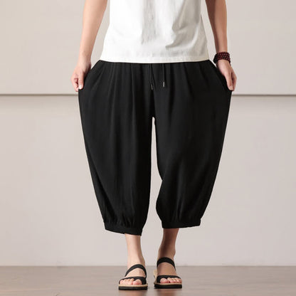 Buddha Stones Summer Casual Minimalist Drawstring Solid Capri Pants Men's Harem Pants With Pocket