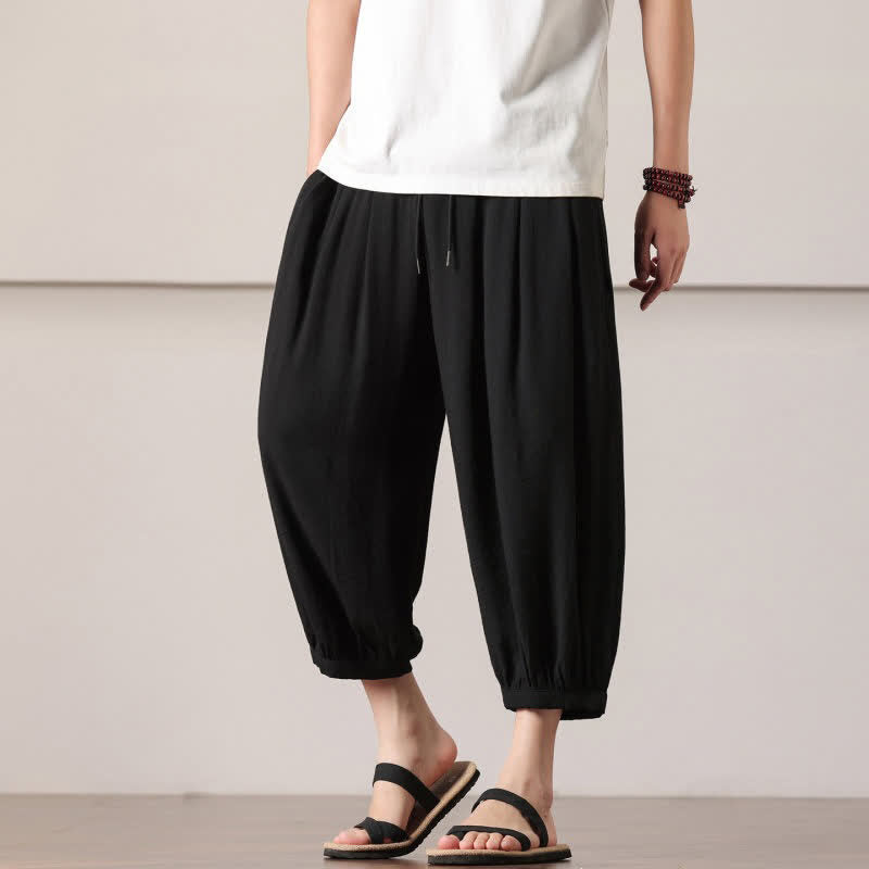 Buddha Stones Summer Casual Minimalist Drawstring Solid Capri Pants Men's Harem Pants With Pocket