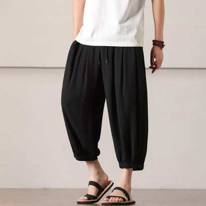 Buddha Stones Summer Casual Minimalist Drawstring Solid Capri Pants Men's Harem Pants With Pocket