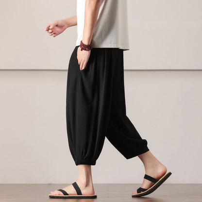Buddha Stones Summer Casual Minimalist Drawstring Solid Capri Pants Men's Harem Pants With Pocket