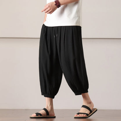 Buddha Stones Summer Casual Minimalist Drawstring Solid Capri Pants Men's Harem Pants With Pocket