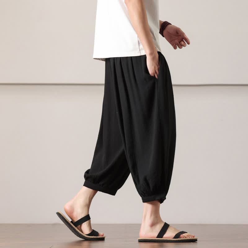 Buddha Stones Summer Casual Minimalist Drawstring Solid Capri Pants Men's Harem Pants With Pocket