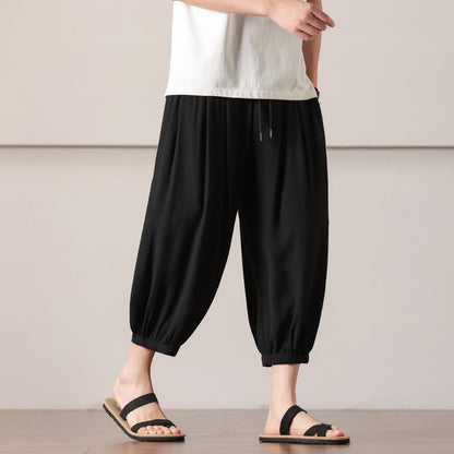 Buddha Stones Summer Casual Minimalist Drawstring Solid Capri Pants Men's Harem Pants With Pocket