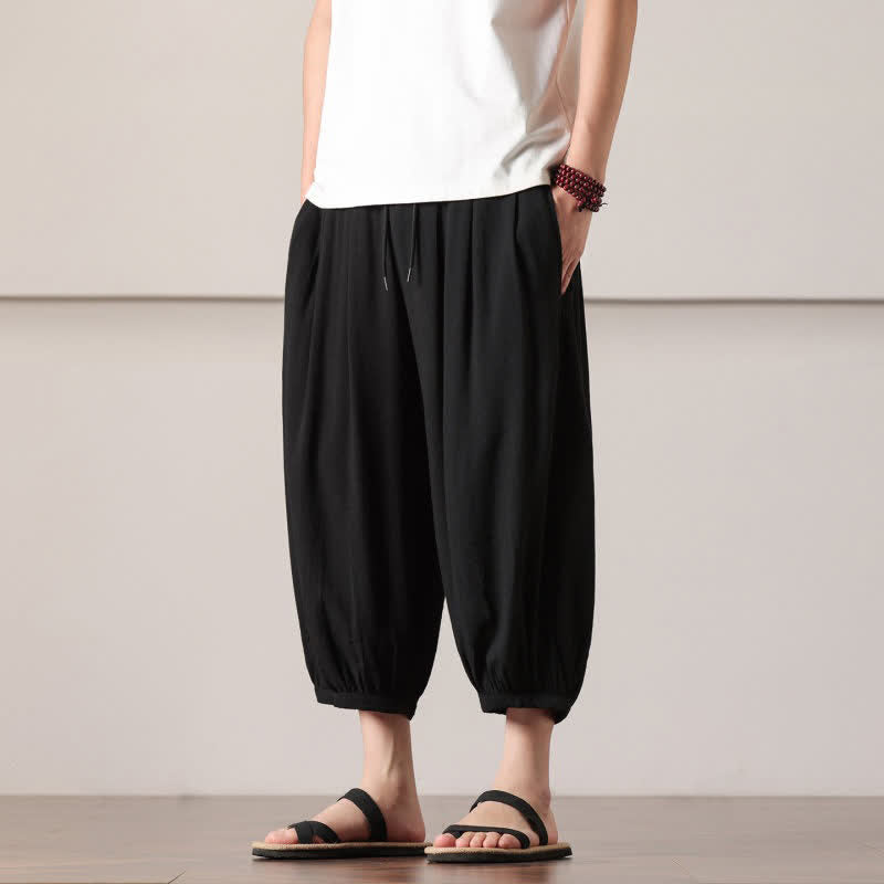 Buddha Stones Summer Casual Minimalist Drawstring Solid Capri Pants Men's Harem Pants With Pocket