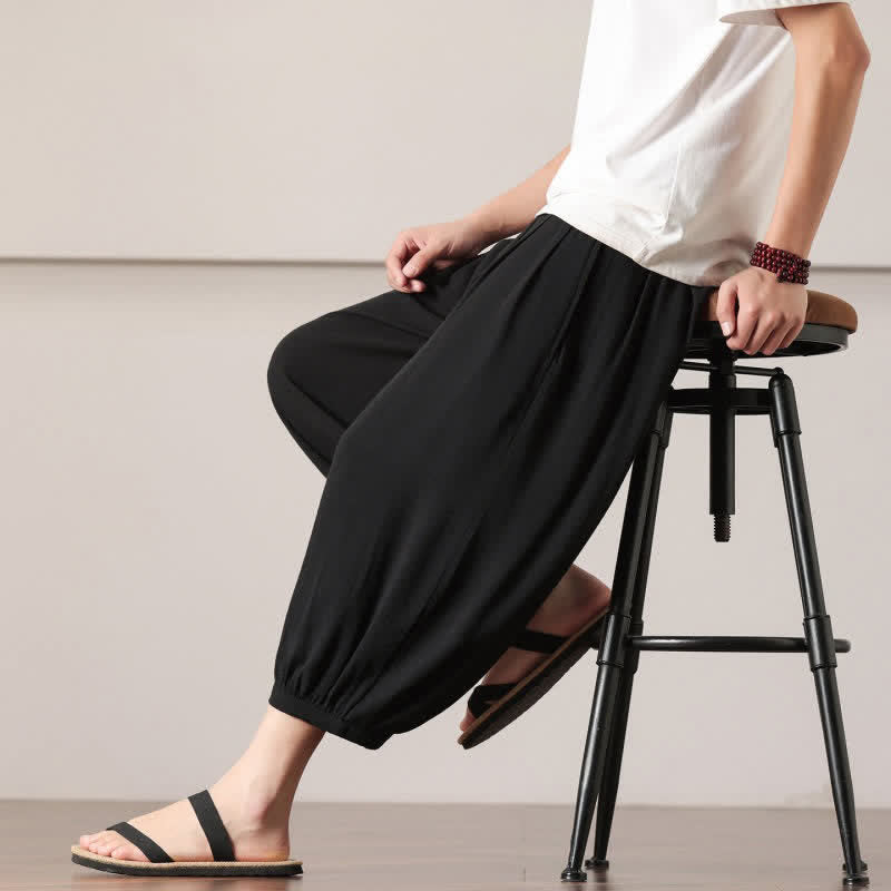 Buddha Stones Summer Casual Minimalist Drawstring Solid Capri Pants Men's Harem Pants With Pocket