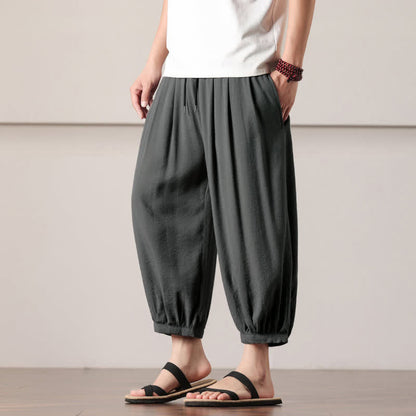 Buddha Stones Summer Casual Minimalist Drawstring Solid Capri Pants Men's Harem Pants With Pocket