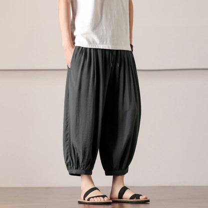Buddha Stones Summer Casual Minimalist Drawstring Solid Capri Pants Men's Harem Pants With Pocket