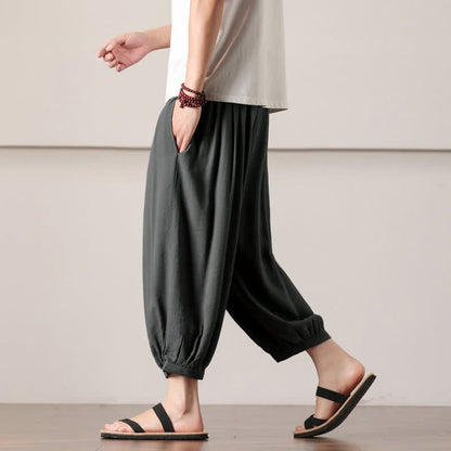 Buddha Stones Summer Casual Minimalist Drawstring Solid Capri Pants Men's Harem Pants With Pocket
