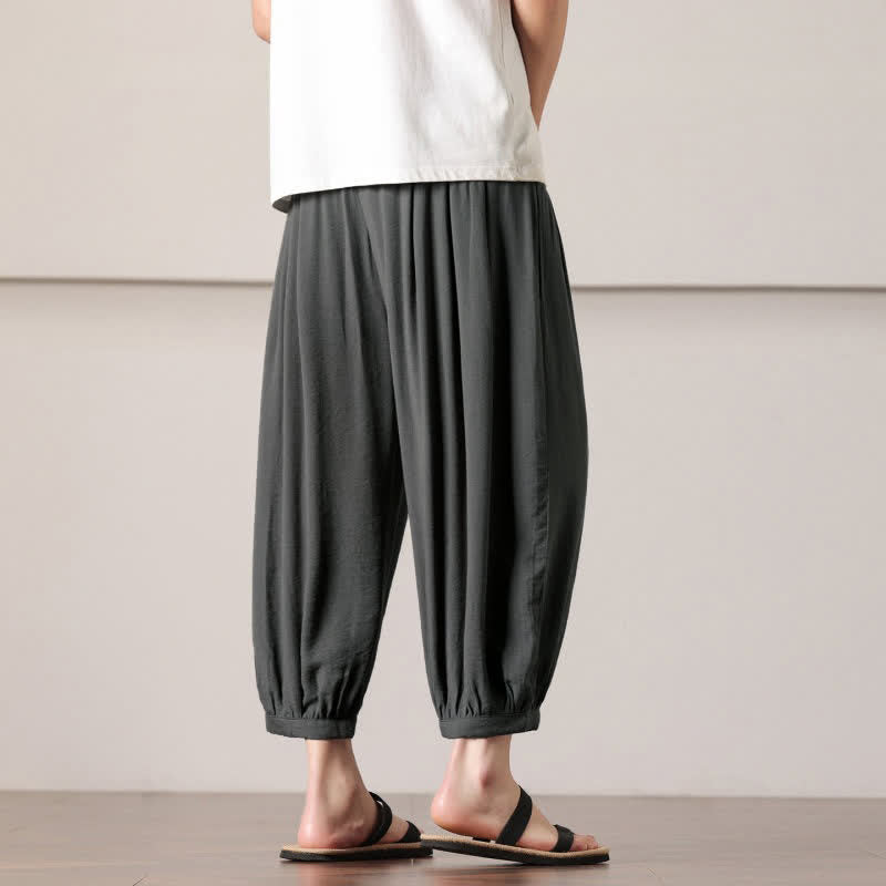 Buddha Stones Summer Casual Minimalist Drawstring Solid Capri Pants Men's Harem Pants With Pocket